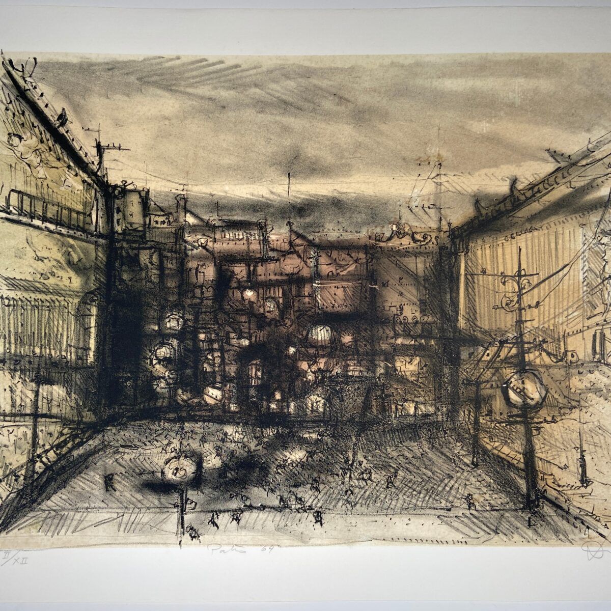 Litografia de Darel Valença Lins retratando pátio no Rio de Janeiro