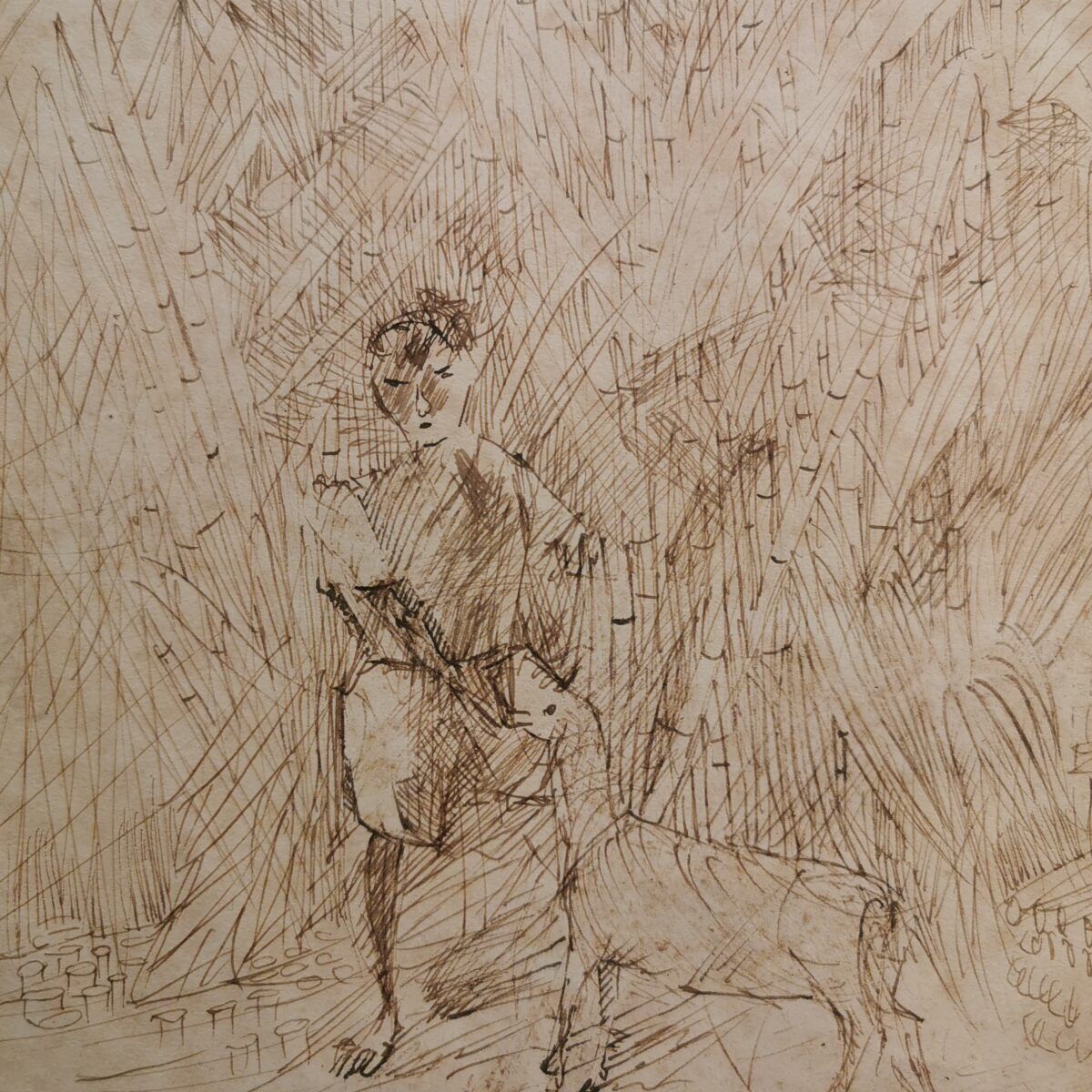 Desenho original de Portinari, certificado, retratando menino e cabra em canavial