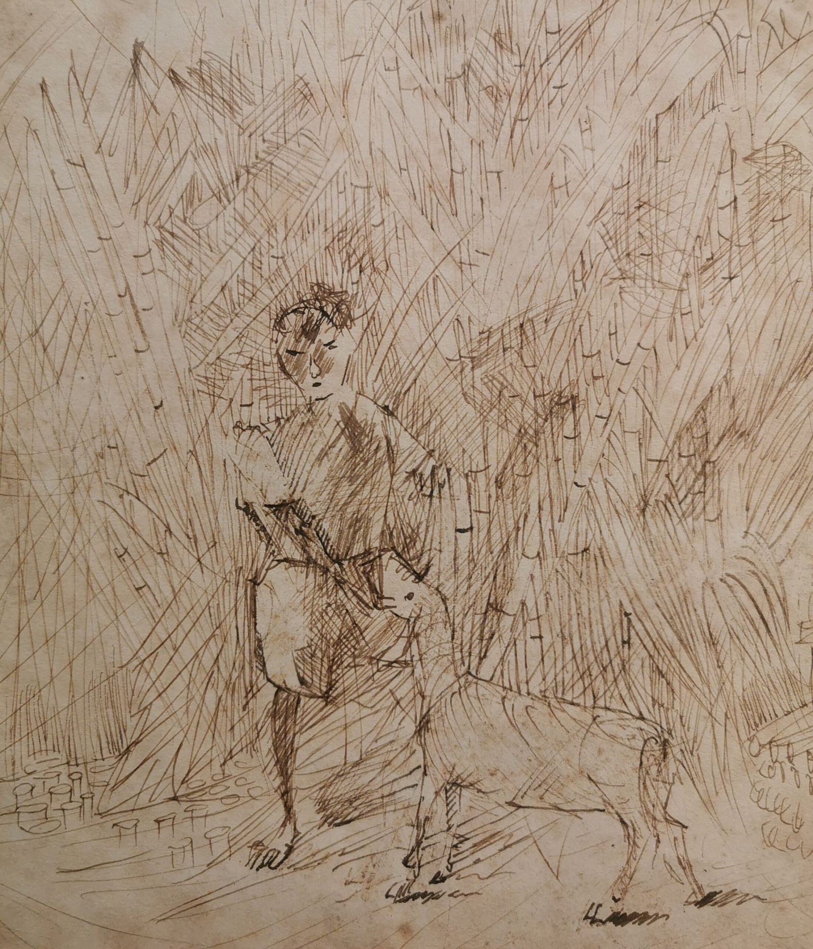 Desenho original de Portinari, certificado, retratando menino e cabra em canavial