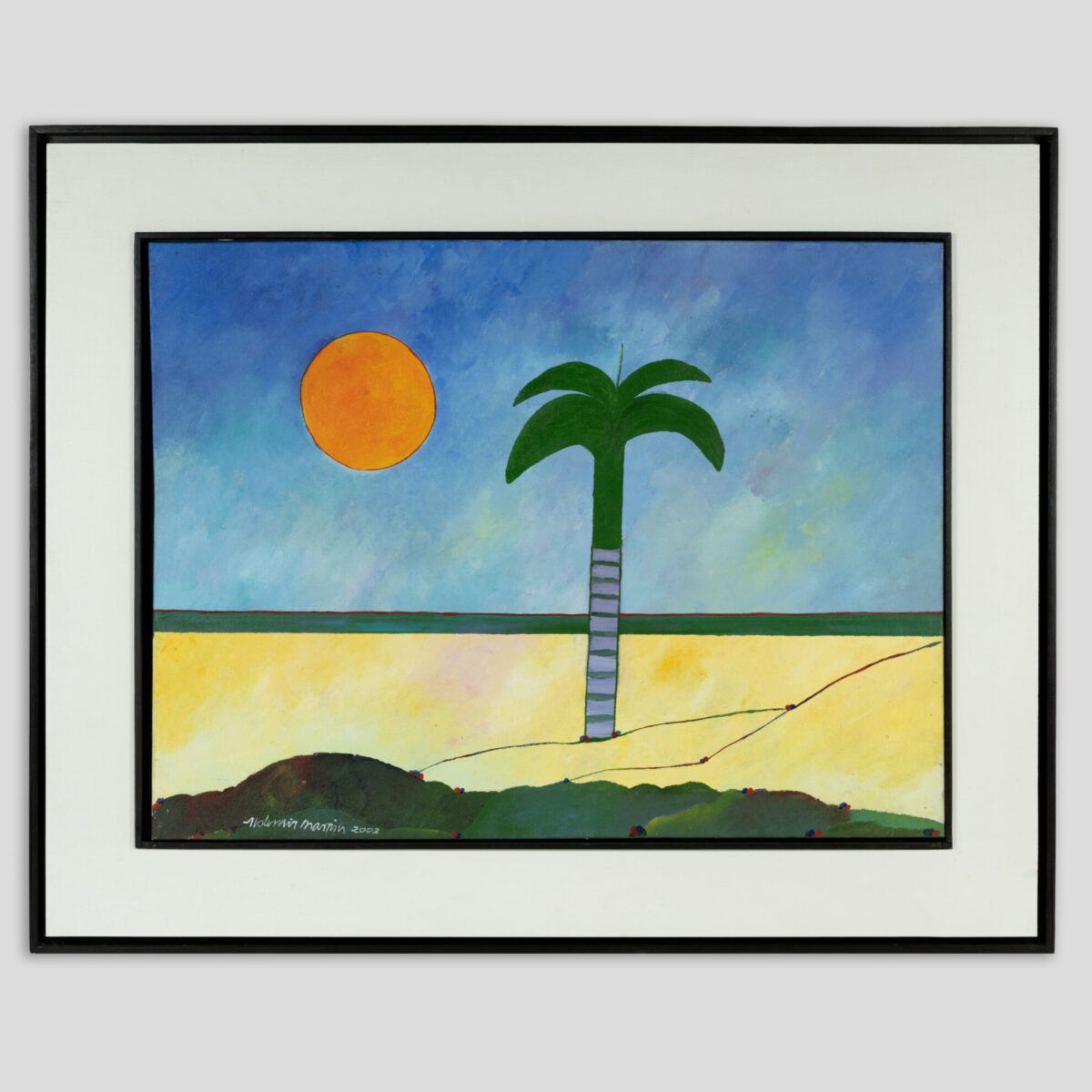 Céu azul, sol, palmeira e areia. Pintura de Aldemir Martins.