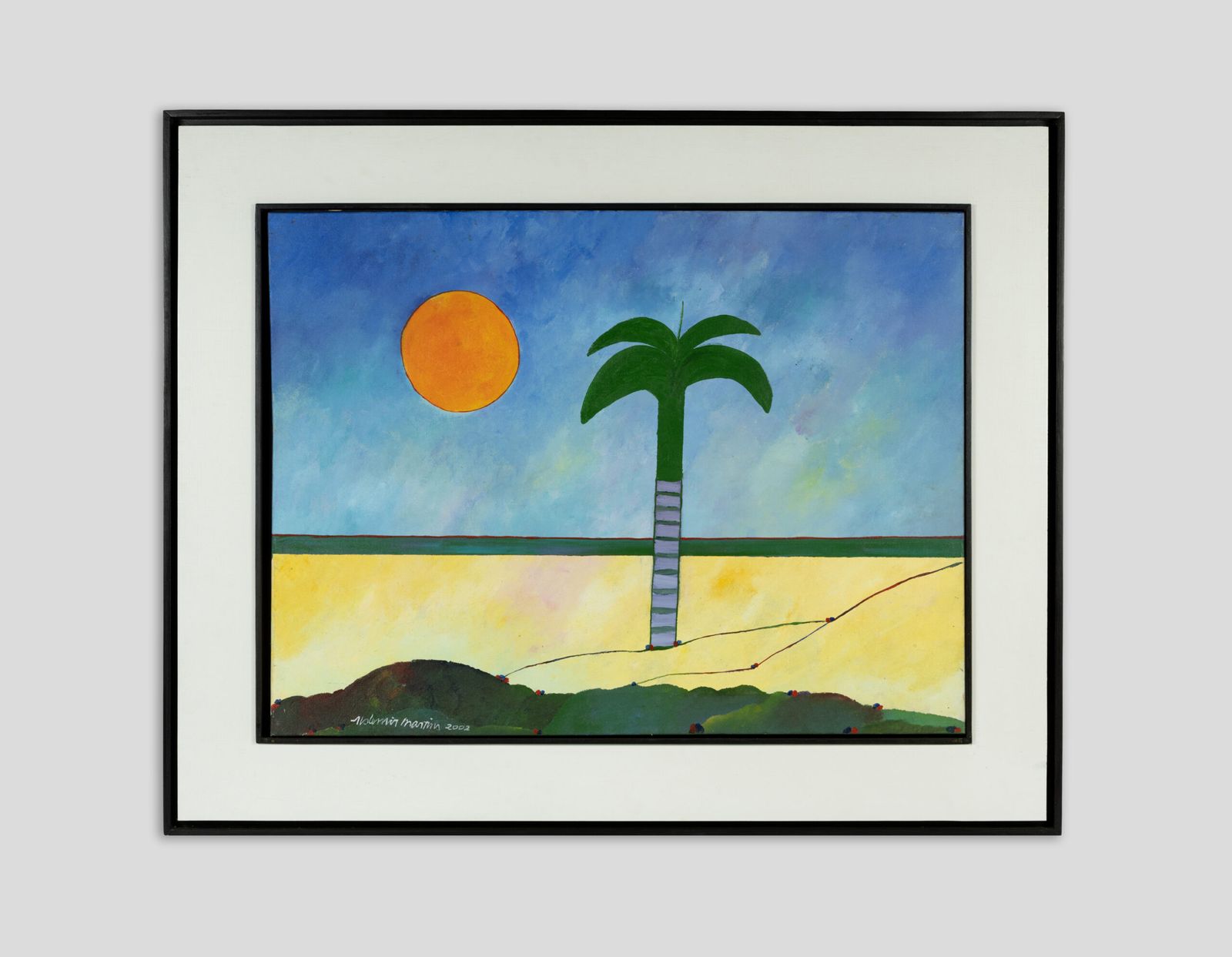 Céu azul, sol, palmeira e areia. Pintura de Aldemir Martins.