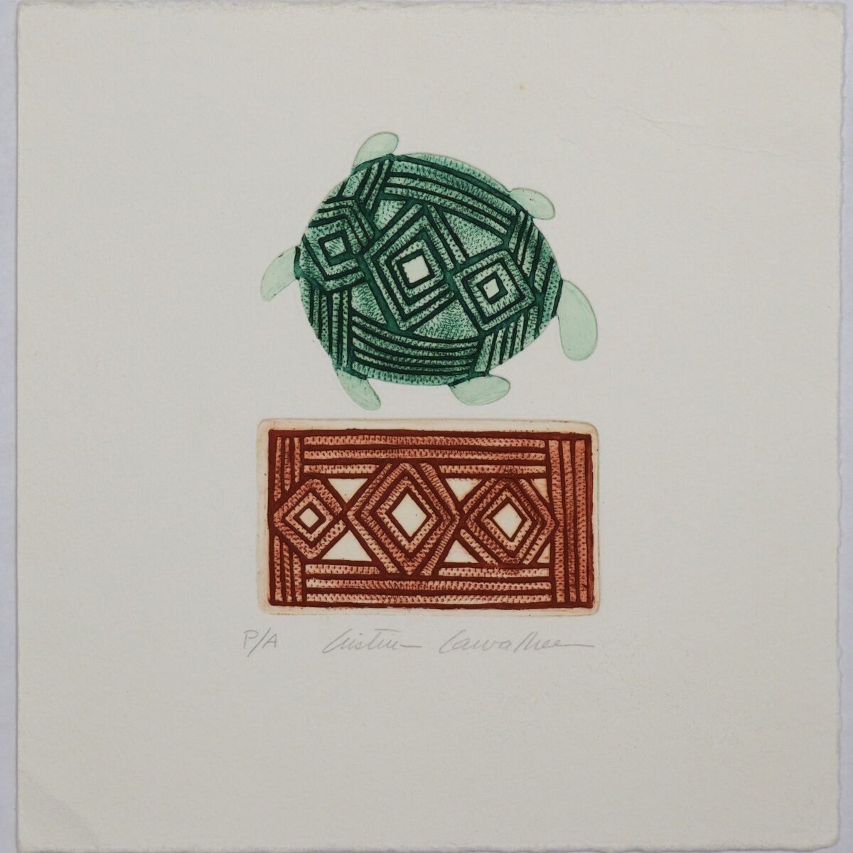 Cristina Carvalheira -Tartaruga e padrão geométrico colorido.