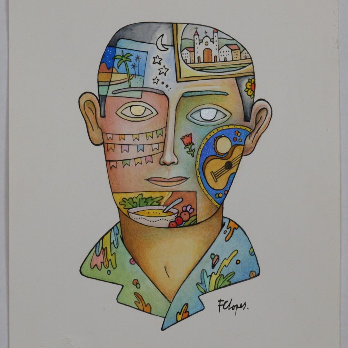 Desenho colorido de uma pessoa com representações de cultura popular brasileira.