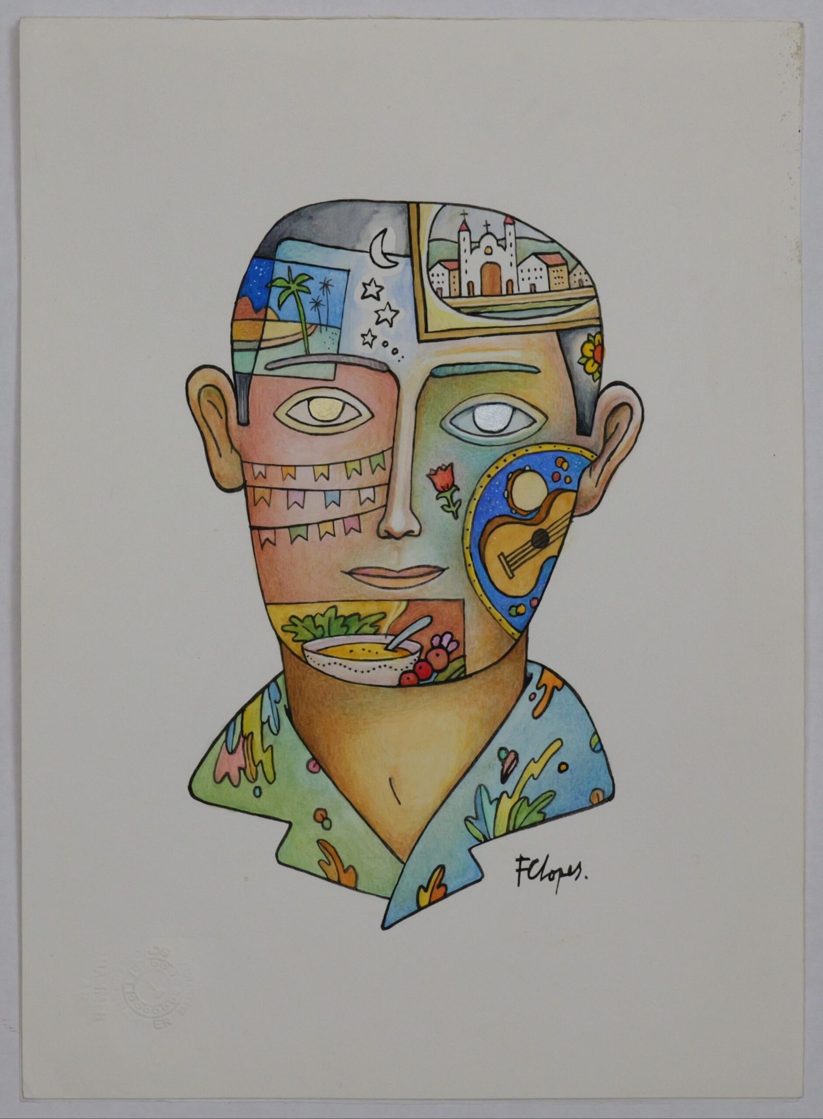 Desenho colorido de uma pessoa com representações de cultura popular brasileira.