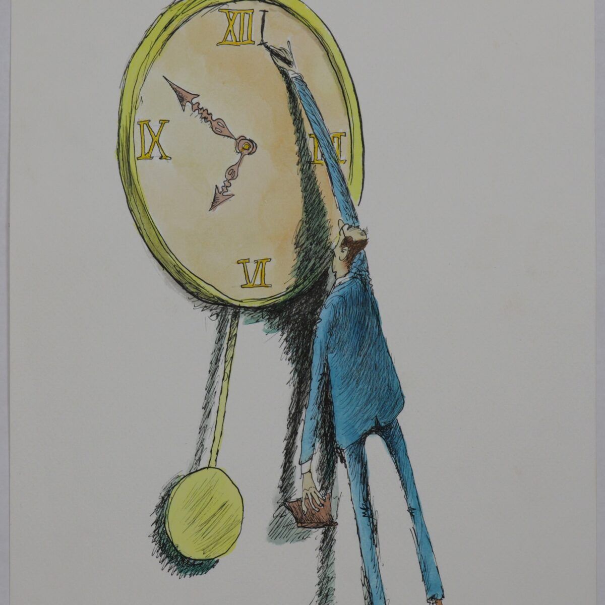 Homem ajustando relógio grande. Ilustração original de Roberto Negreiros. 13a hora.