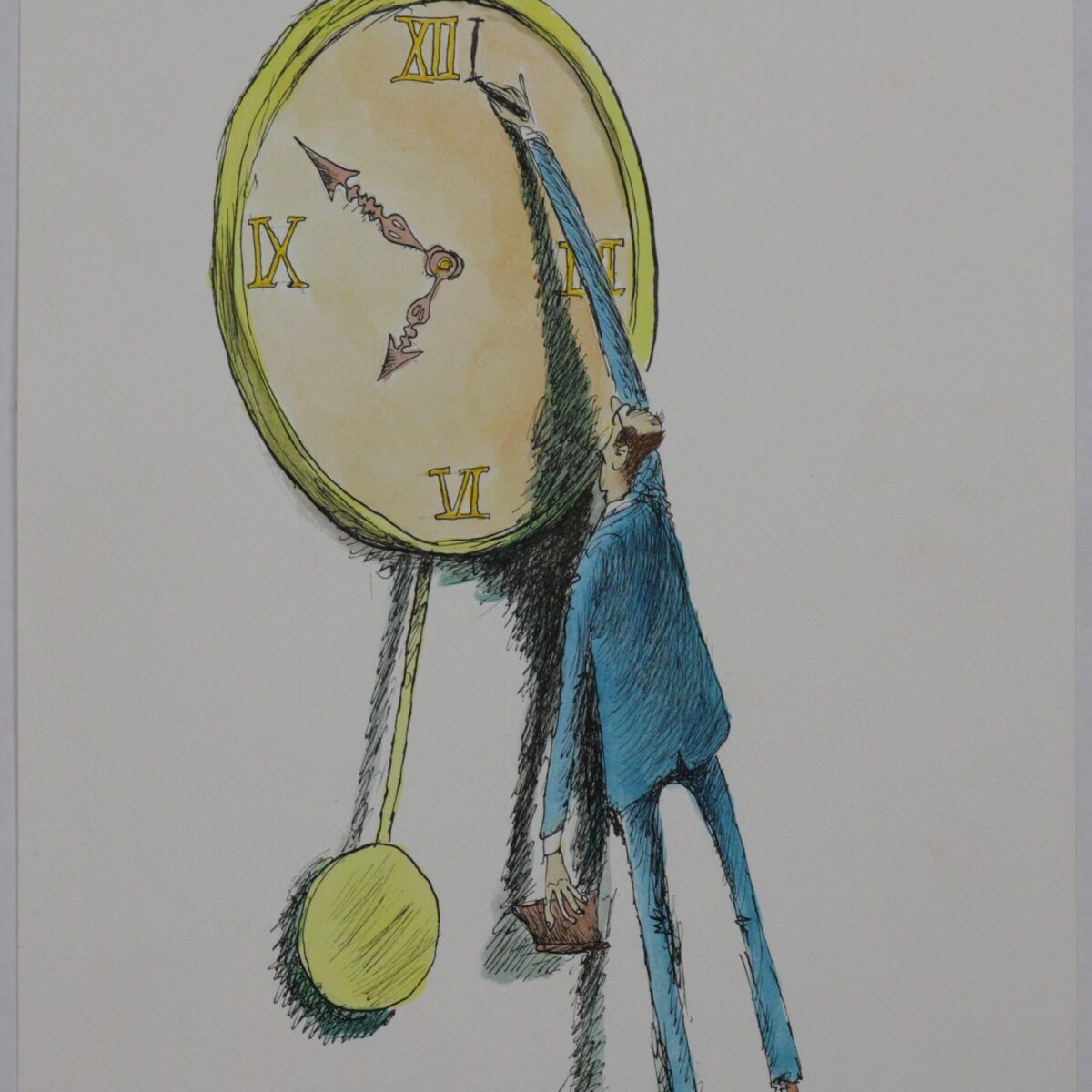 Homem ajustando relógio grande. Ilustração original de Roberto Negreiros. 13a hora.