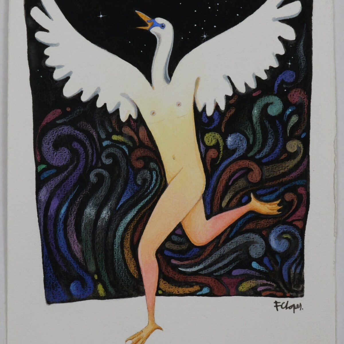 Homem Pato com asas em fundo colorido