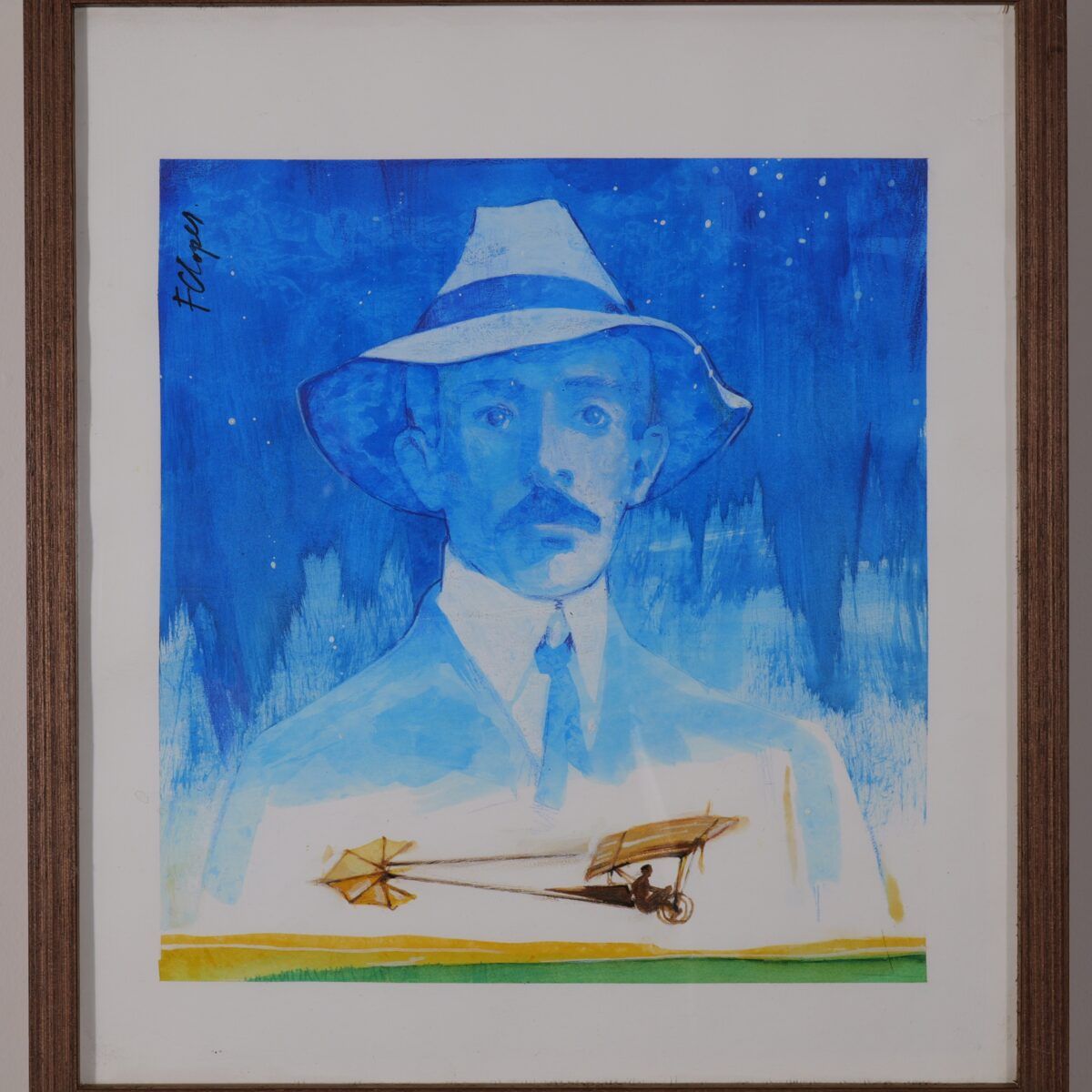 Retrato de Santos Dumont com fundo azul e avião.