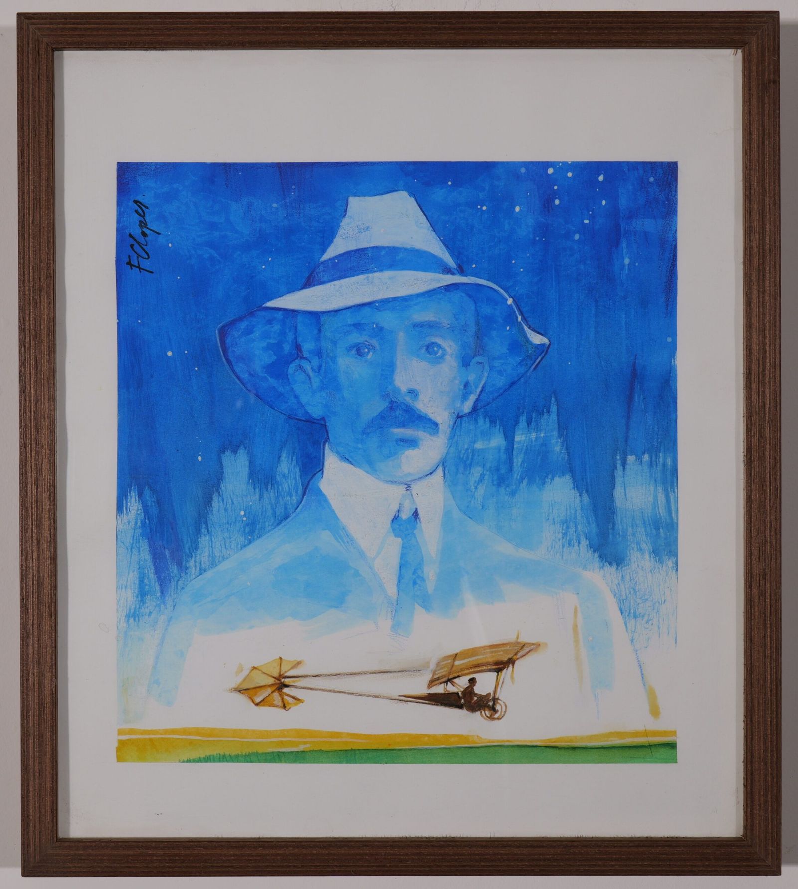 Retrato de Santos Dumont com fundo azul e avião.